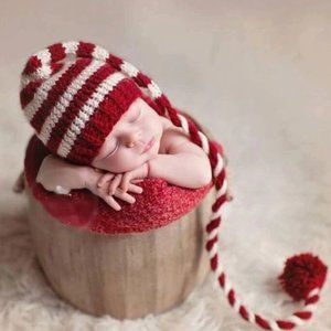 Infant Red/White Candy Cane Stripes with Long-Knot Beanie/Hat Newborns
